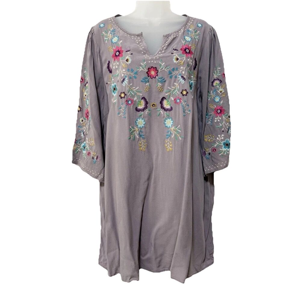 Umgee Dress Sz M Lavender Floral Embroidered Tunic Top 3/4 Sleeve Boho Festival